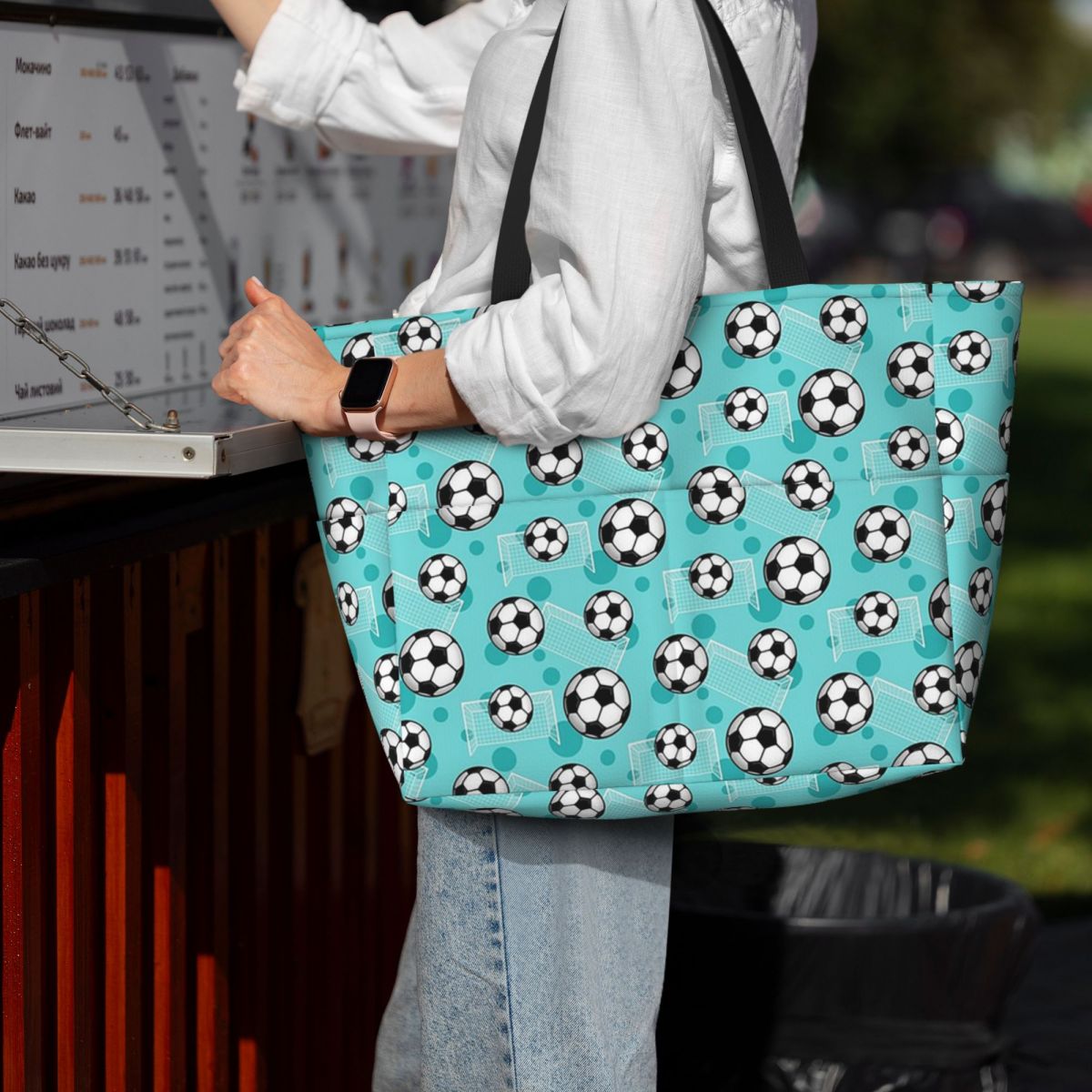 ลูกฟุตบอลและโกลลายสีเขียวอมฟ้า - Yoga Fitness Tote บทวิจารณ์และราคา